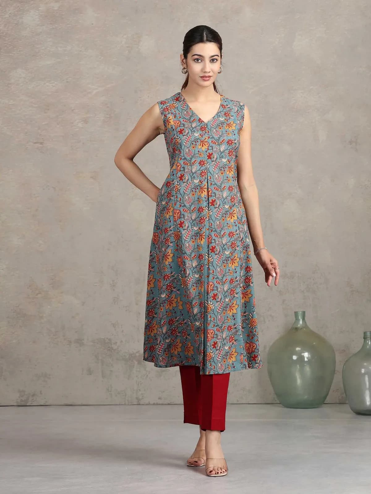 Blue Floral Printed A-Line Kurta - Barkha Boutique Kishangarh