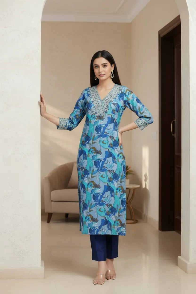 Blue Muslin Viscose Embroidered Straight Kurta Pant and Dupatta Suit Set - Barkha Boutique Kishangarh