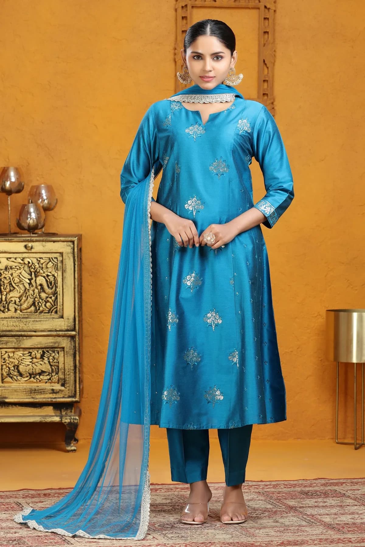 Blue PolySilk A Line Embroidered Kurta Pants and Dupatta Set - Barkha Boutique Kishangarh