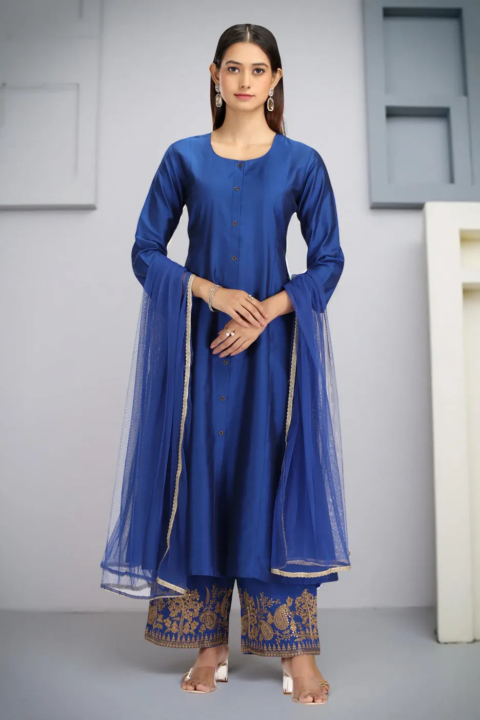 Blue PolySilk Embroidered A Line Kurta Pant and Dupatta Suit Set - Barkha Boutique Kishangarh