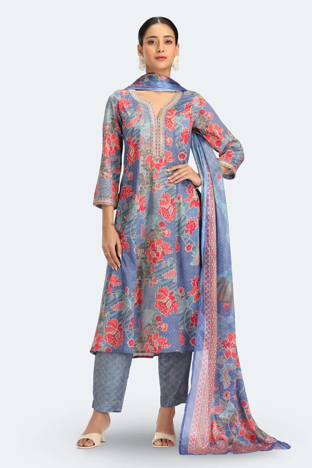 Blue PolySilk Printed Straight Kurta Pant and Dupatta Suit Set - Barkha Boutique Kishangarh