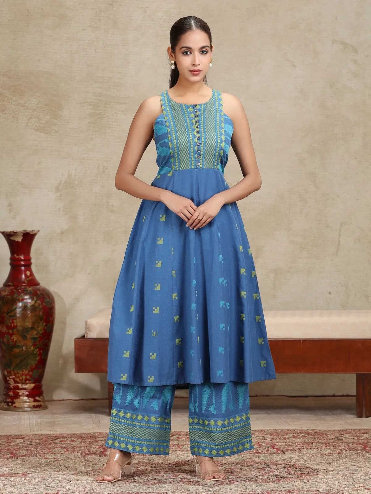 Blue Yarndyed Fit and Flare Co-ord Set - Barkha Boutique Kishangarh