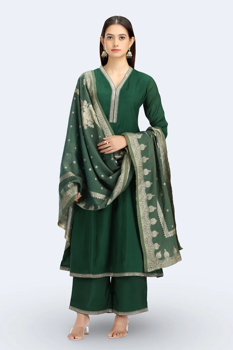 Bottle Green Chanderi Embroidered A Line Kurta Pant and Dupatta Suit Set - Barkha Boutique Kishangarh