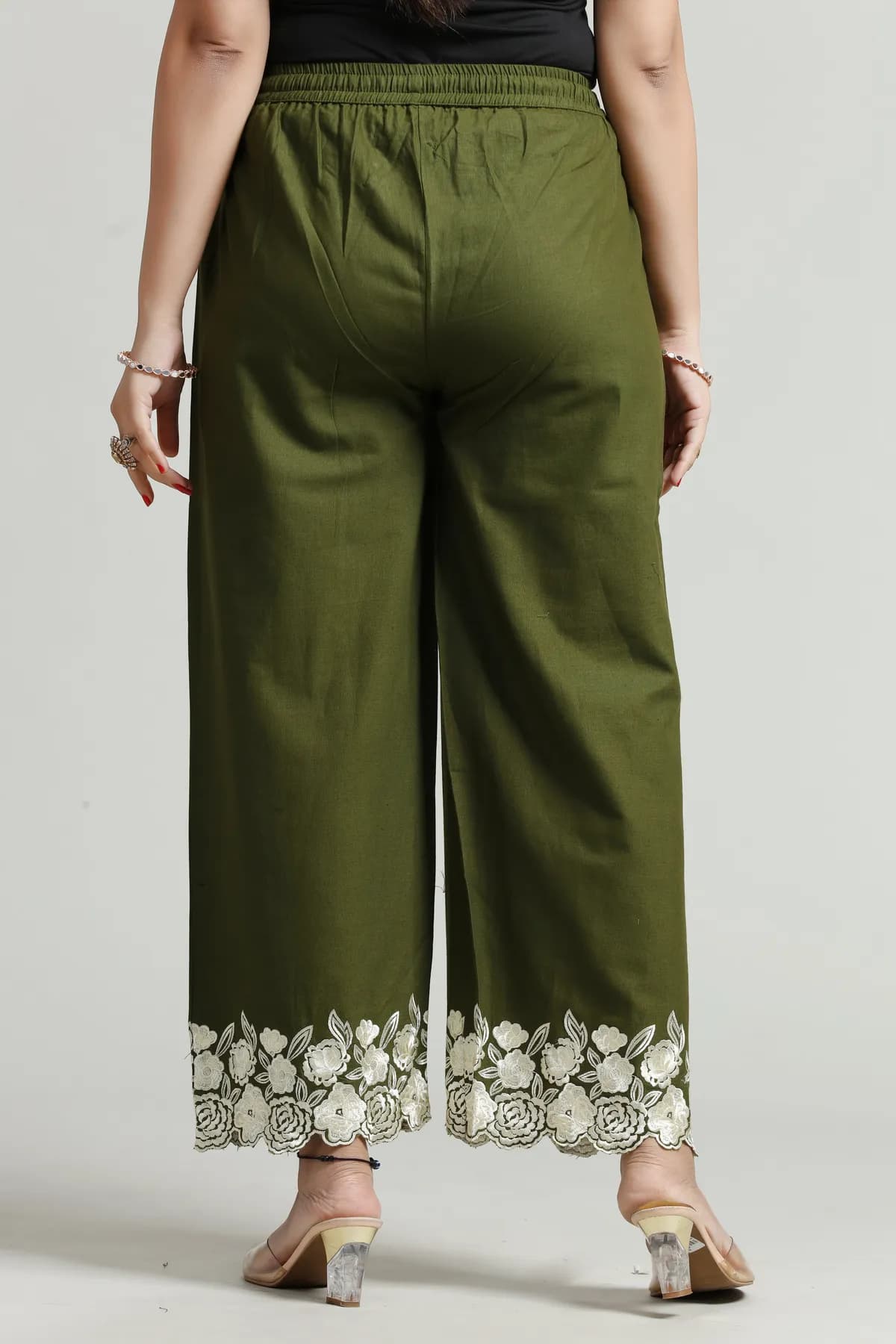 Bottle Green Cotton Embroidered Palazzo