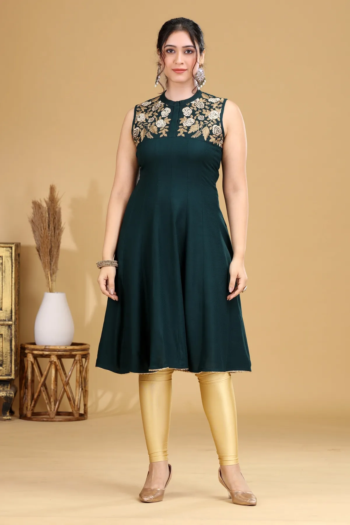 Bottle Green Embroidered A-Line Dress - Barkha Boutique Kishangarh