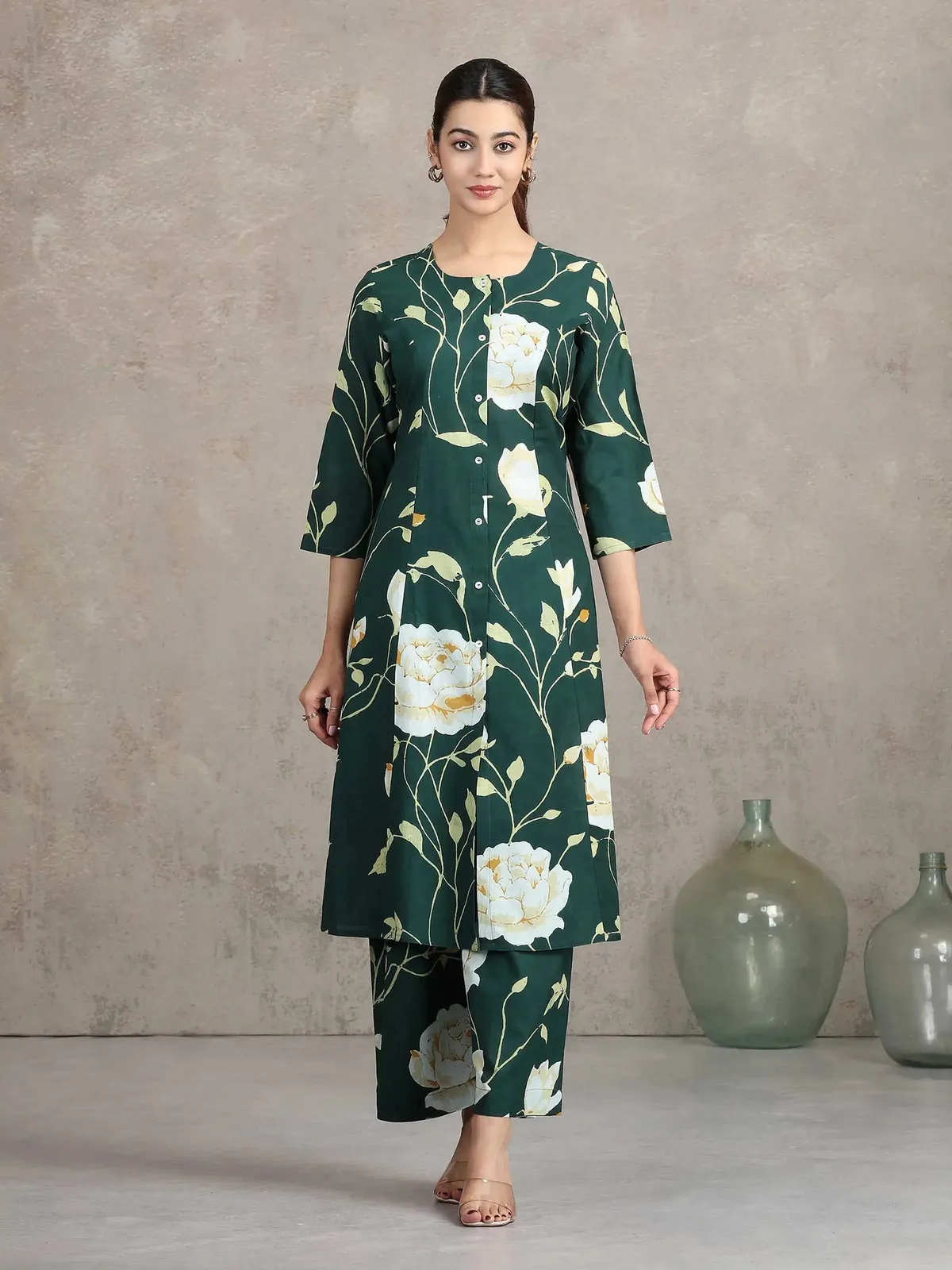 Bottle Green Floral Embroidered A-Line Co-ord Set - Barkha Boutique Kishangarh
