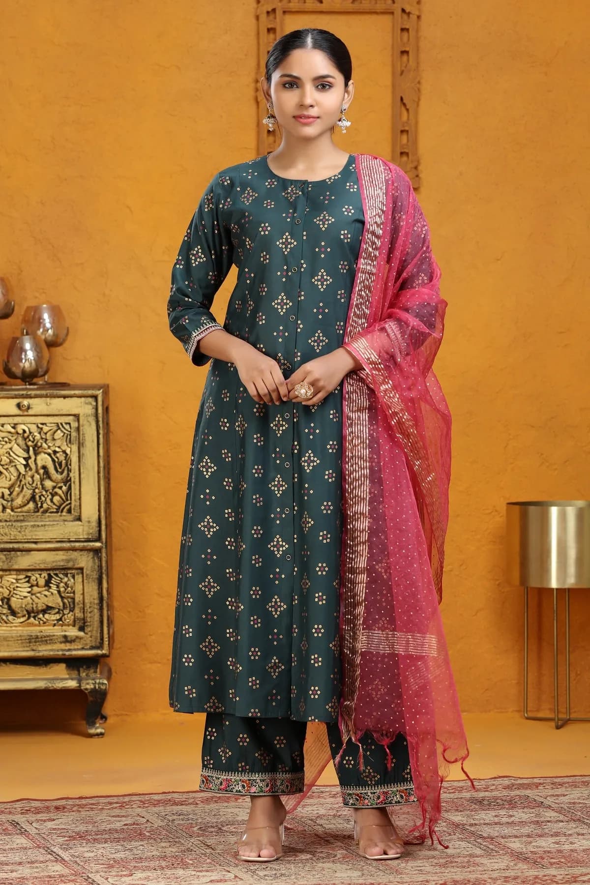 Bottle Green Polina Silk A Line Embroidered Kurta Pants and Dupatta Set - Barkha Boutique Kishangarh