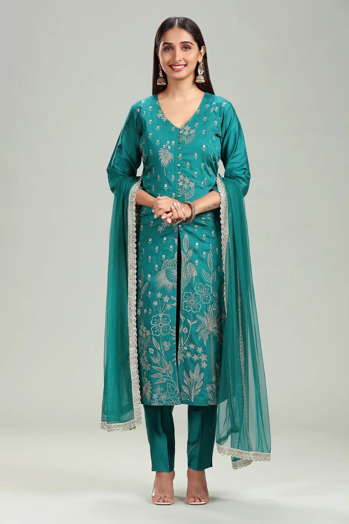 Bottle Green PolySilk A-Line Embroidered Kurta Pant Suit Set - Barkha Boutique Kishangarh