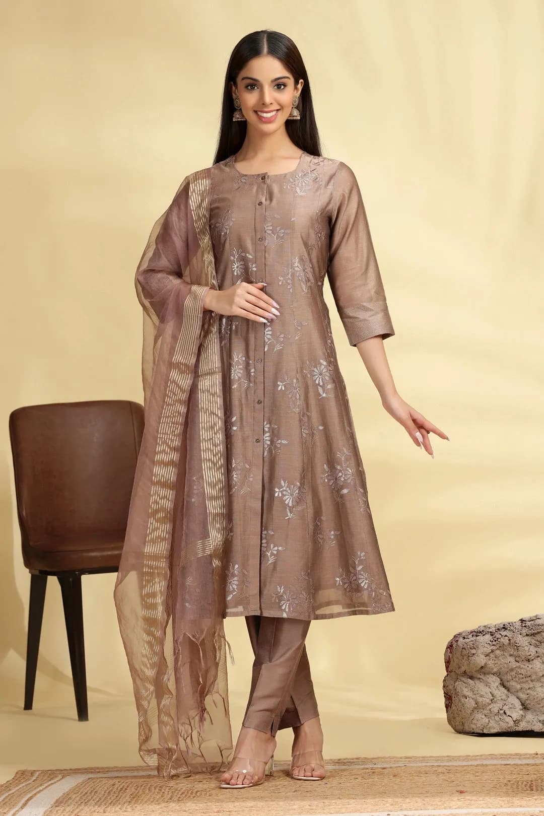 Brown Embroidered Chanderi A Line Kurta Pant Dupatta Suit Set - Barkha Boutique Kishangarh