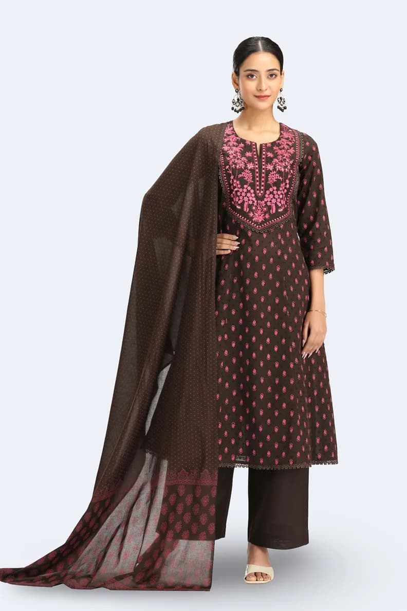 Brown Jacquard Cotton Embroidered Straight Kurta Pant and Dupatta Suit Set - Barkha Boutique Kishangarh