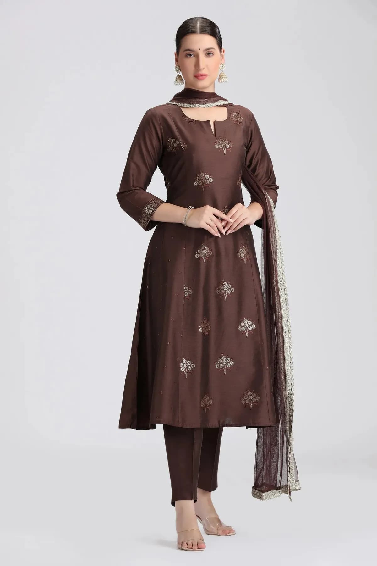 Brown PolySilk Embroidered A Line Kurta Pant and Dupatta Suit Set - Barkha Boutique Kishangarh