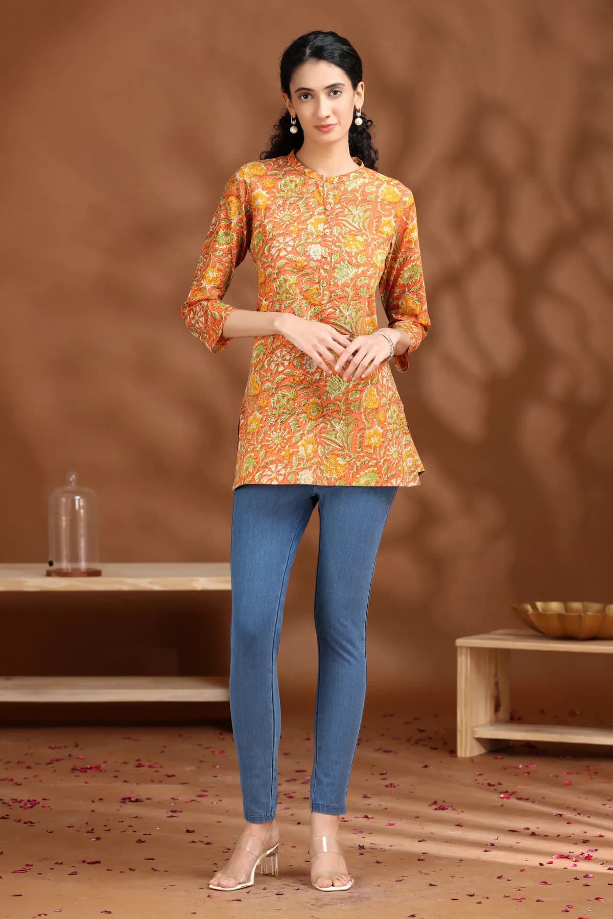 Coral Orange Floral Printed Cotton Tunic - Barkha Boutique Kishangarh