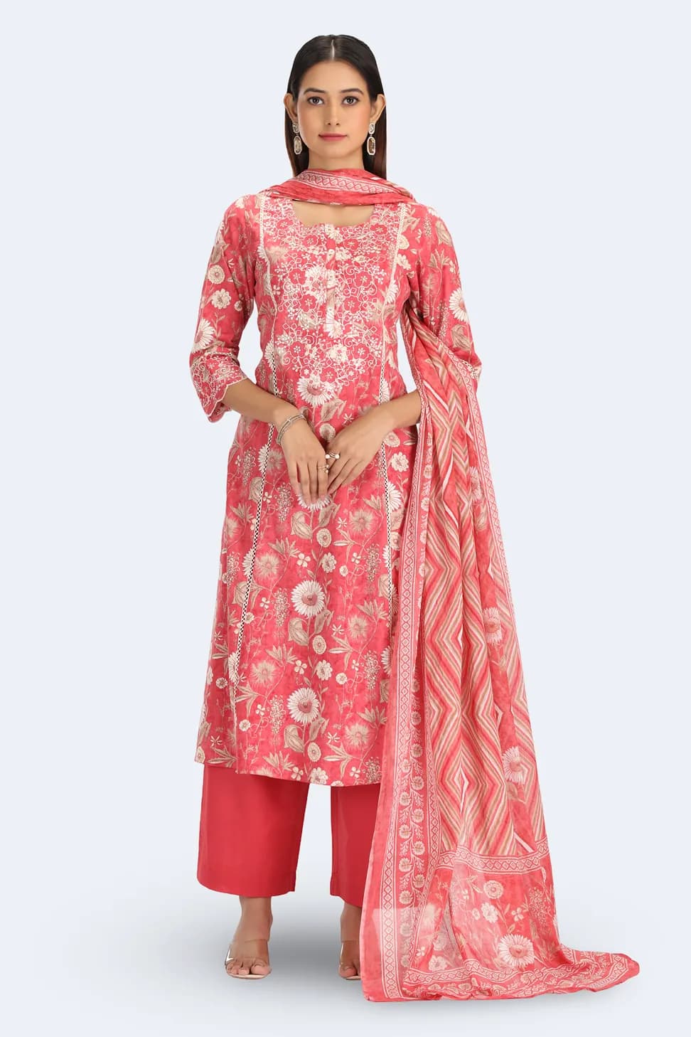 Coral Pink Jaipuri Cotton Embroidered Straight Kurta Pant and Dupatta Suit Set - Barkha Boutique Kishangarh
