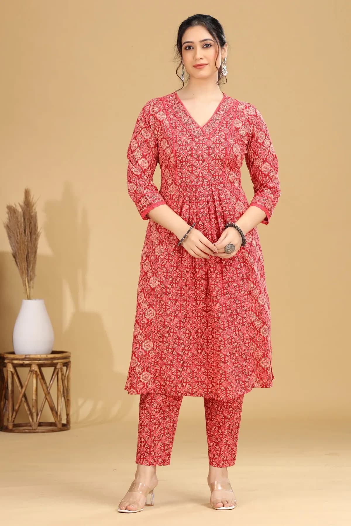 Coral Pink Printed Flared Cotton Co-ord Set - Barkha Boutique Kishangarh
