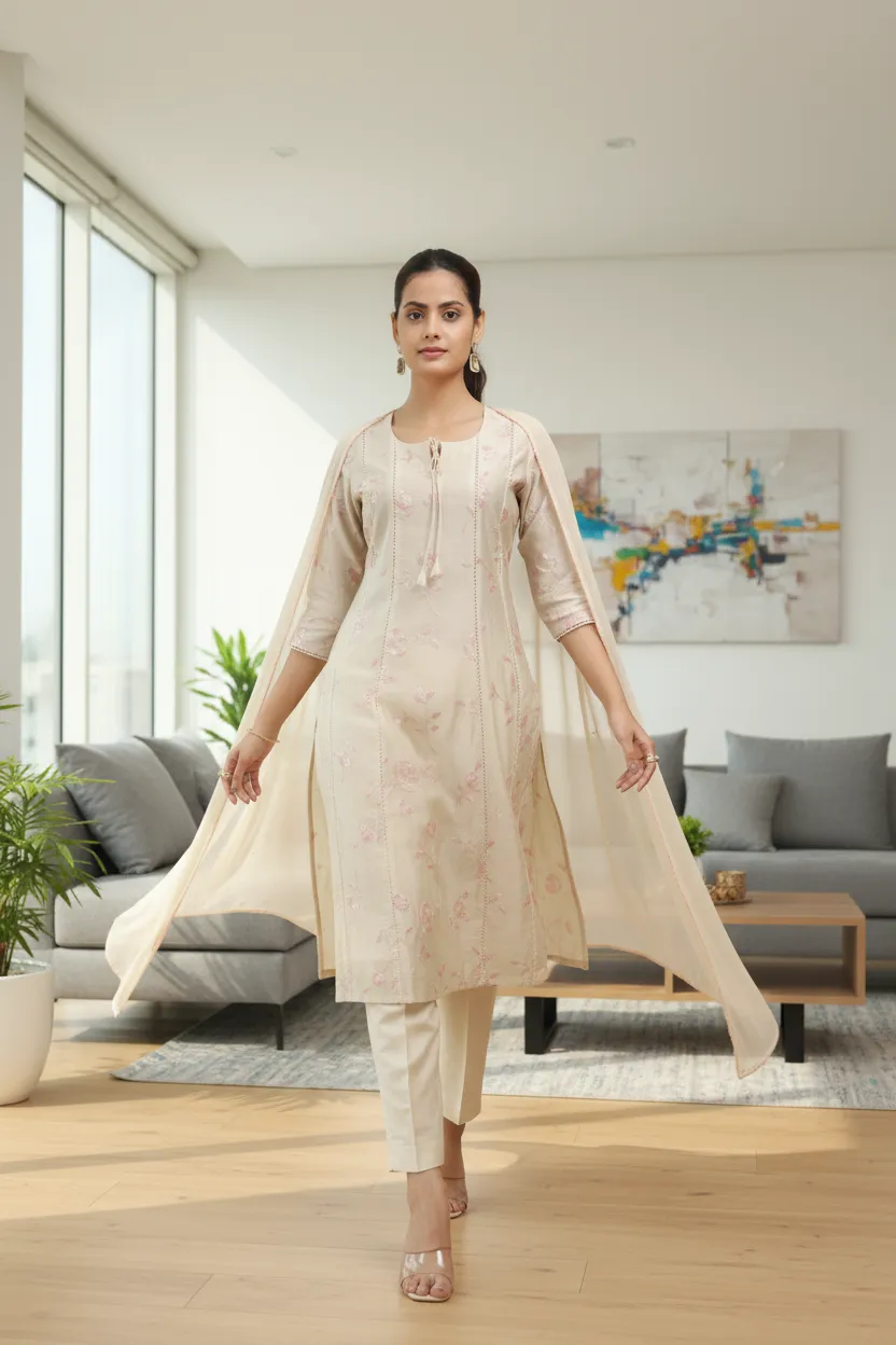 Cream Chanderi Embroidered A Line Kurta Pant and Dupatta Suit Set - Barkha Boutique Kishangarh