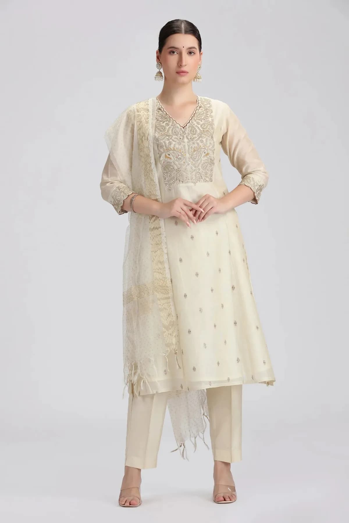 Cream Chanderi Embroidered Straight Kurta Pant and Dupatta Suit Set - Barkha Boutique Kishangarh