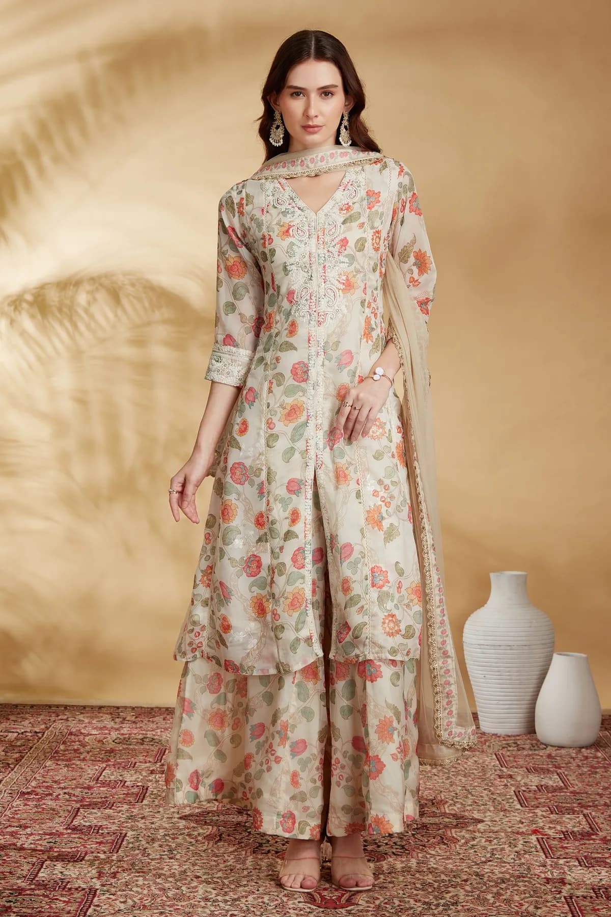 Cream Chinnon Embroidered A Line Kurta Pant and Dupatta Suit Set - Barkha Boutique Kishangarh