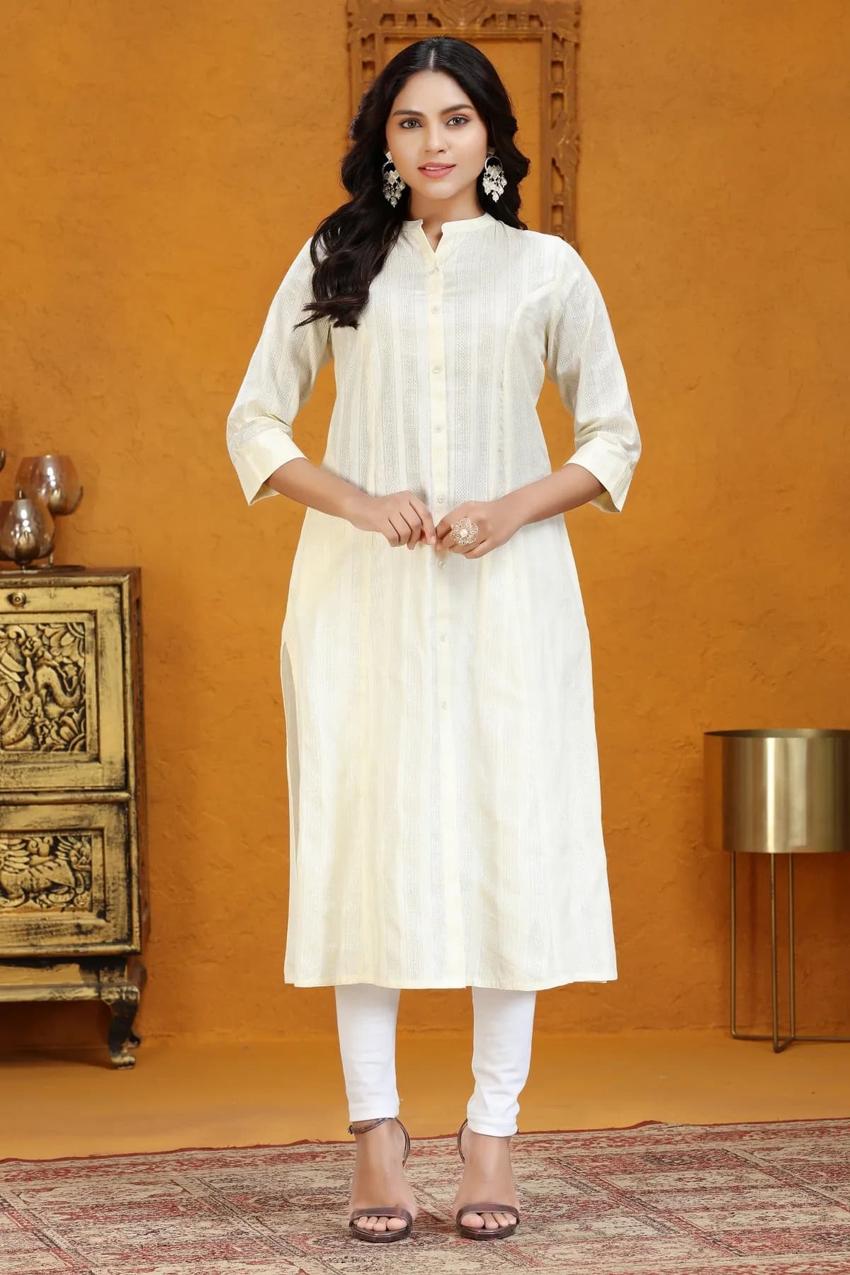 Cream Cotton A Line Solid Kurta