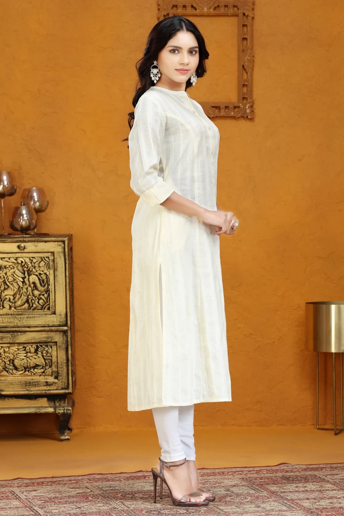 Cream Cotton A Line Solid Kurta