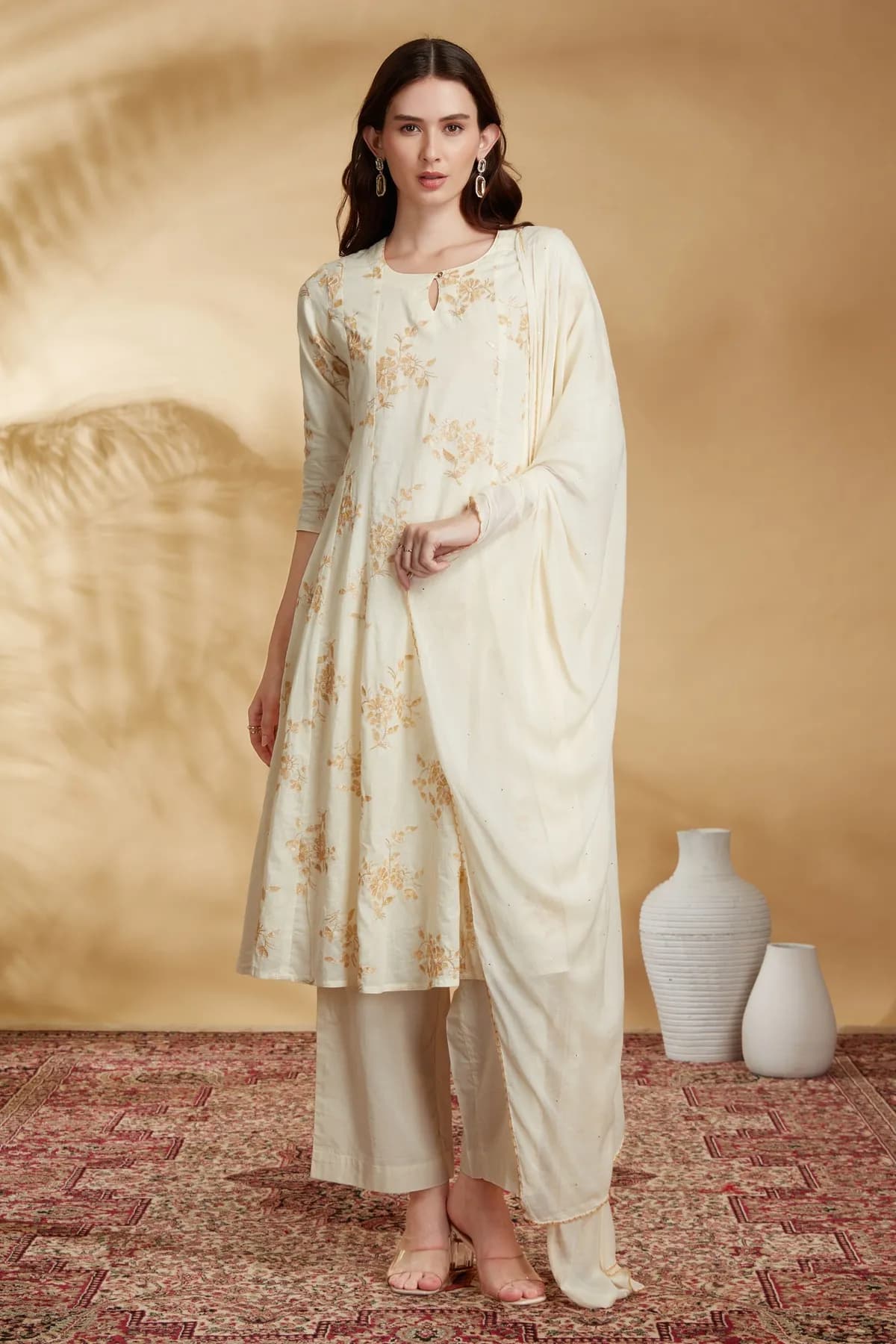 Cream Cotton Embroidered A Line Kurta Pant and Dupatta Suit Set - Barkha Boutique Kishangarh