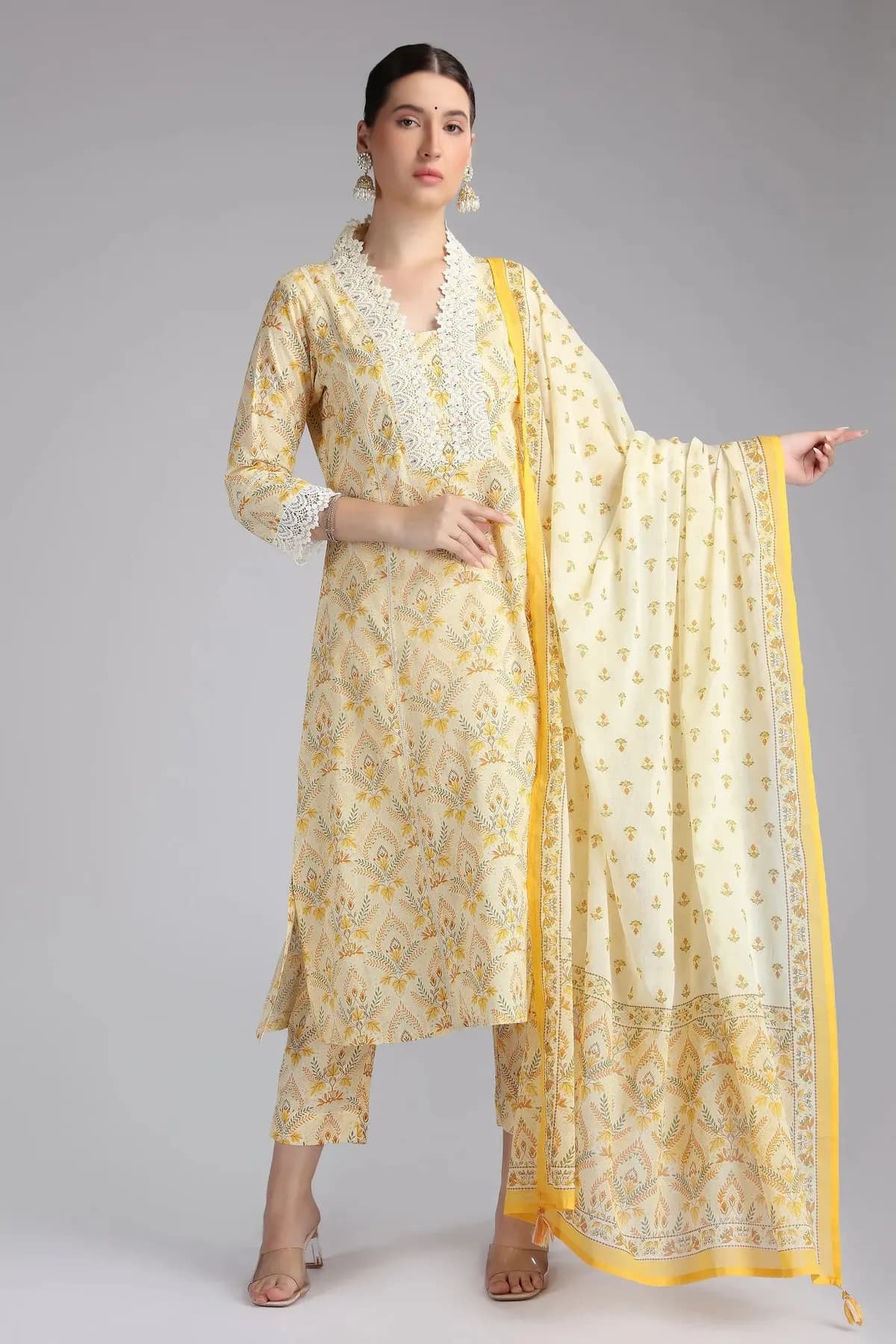 Cream Cotton Printed A Line Kurta Pant and Dupatta Suit Set - Barkha Boutique Kishangarh