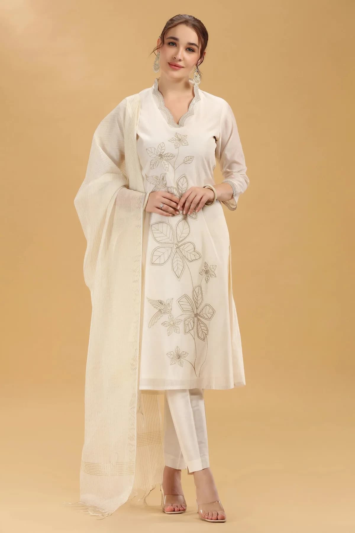 Cream Embroidered Chanderi Straight Kurta Pant And Dupatta Suit Set - Barkha Boutique Kishangarh