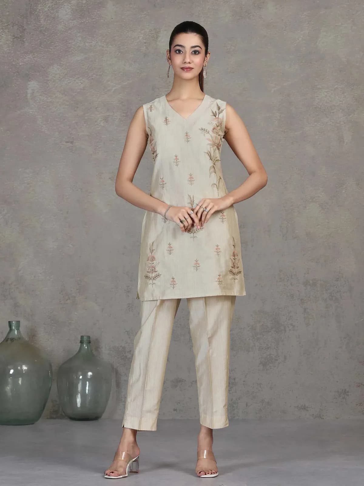 Cream Embroidered Straight Co-ord Set - Barkha Boutique Kishangarh