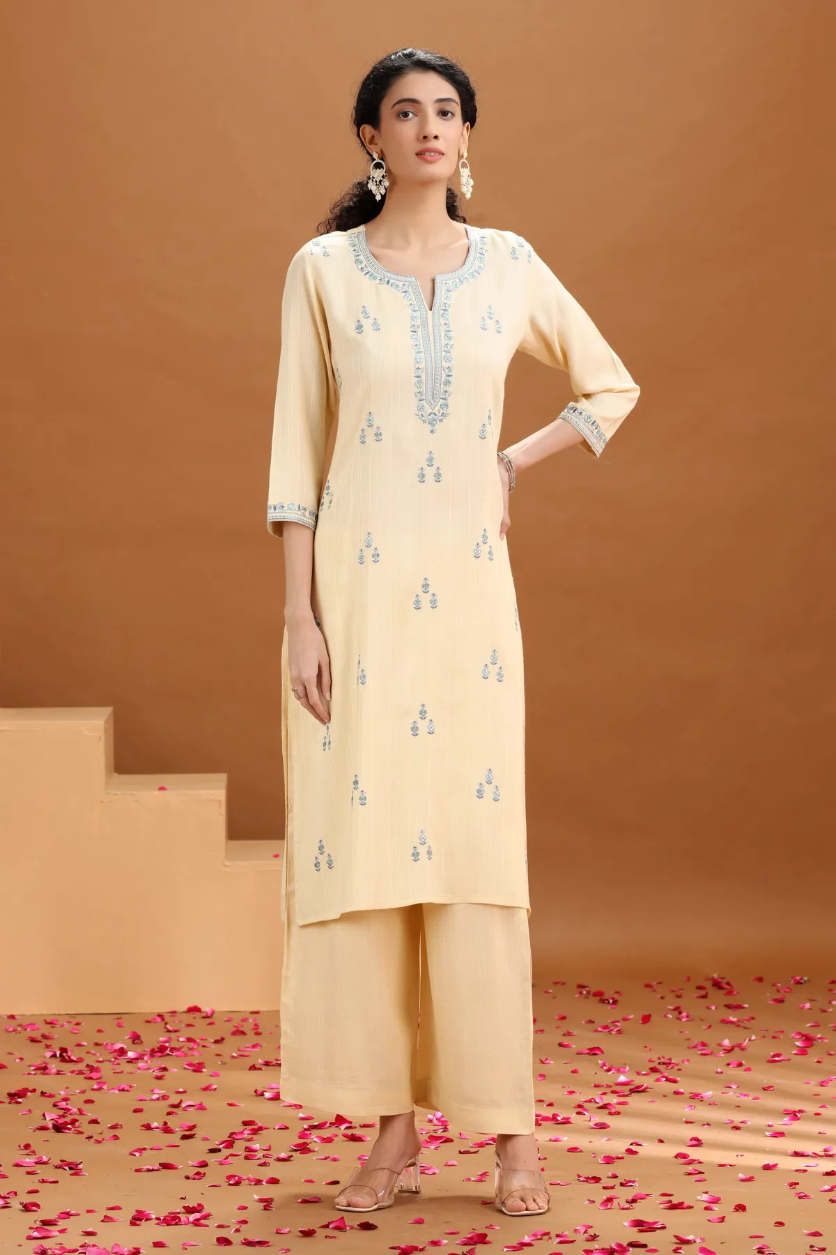 Cream Embroidered Straight Cotton Co-ord Set - Barkha Boutique Kishangarh