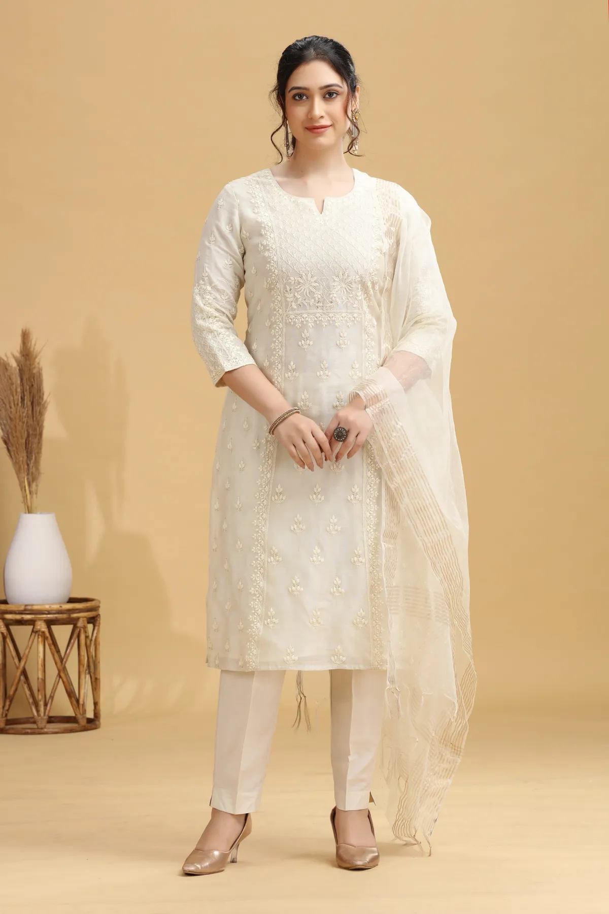Cream Embroidered Straight Ethnic Set - Barkha Boutique Kishangarh