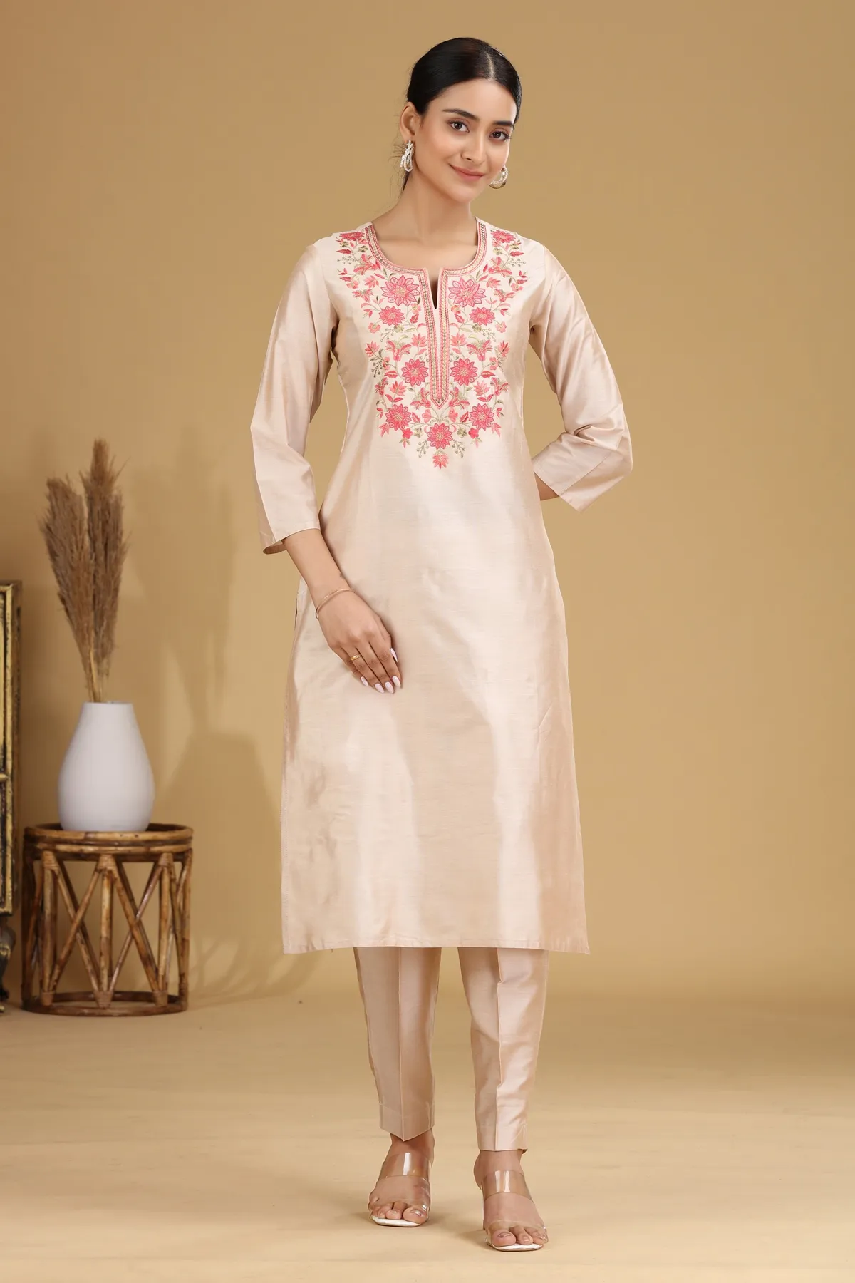Cream Floral Embroidered Straight Co ord Set - Barkha Boutique Kishangarh
