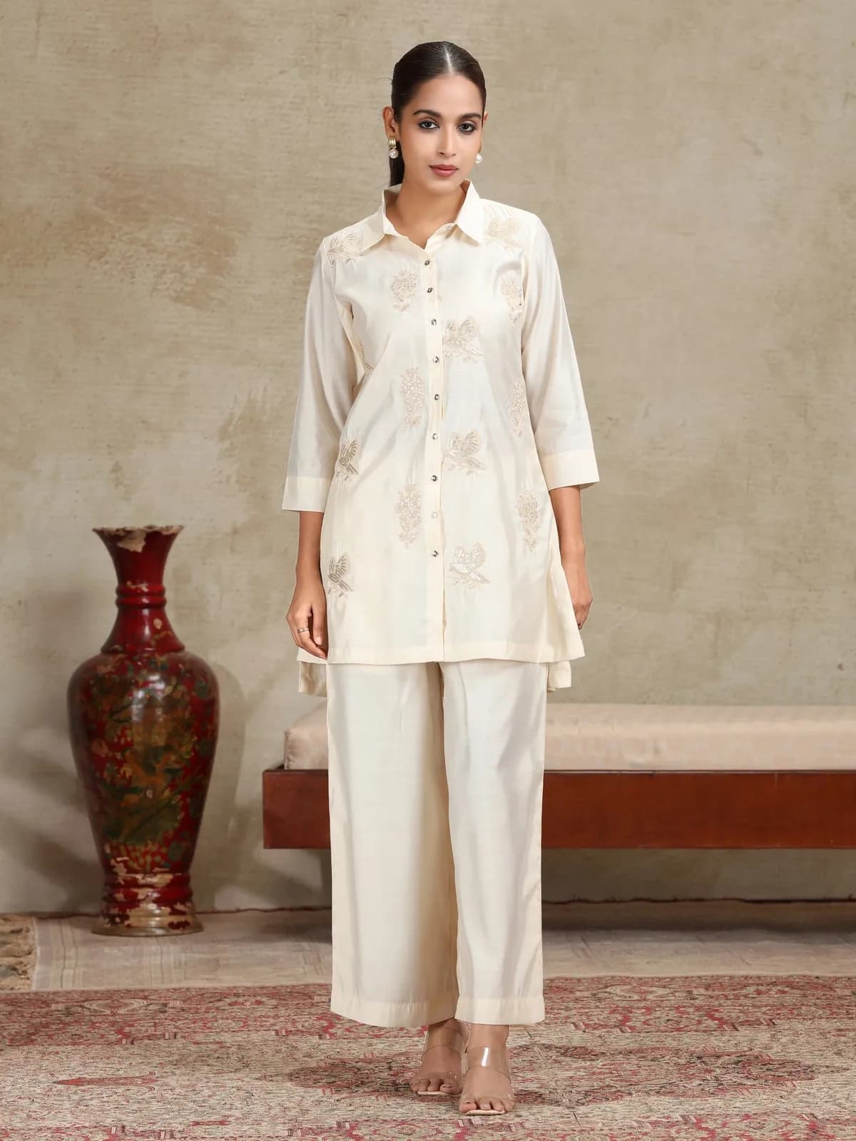 Cream Floral Embroidered Straight Co-ord Set - Barkha Boutique Kishangarh