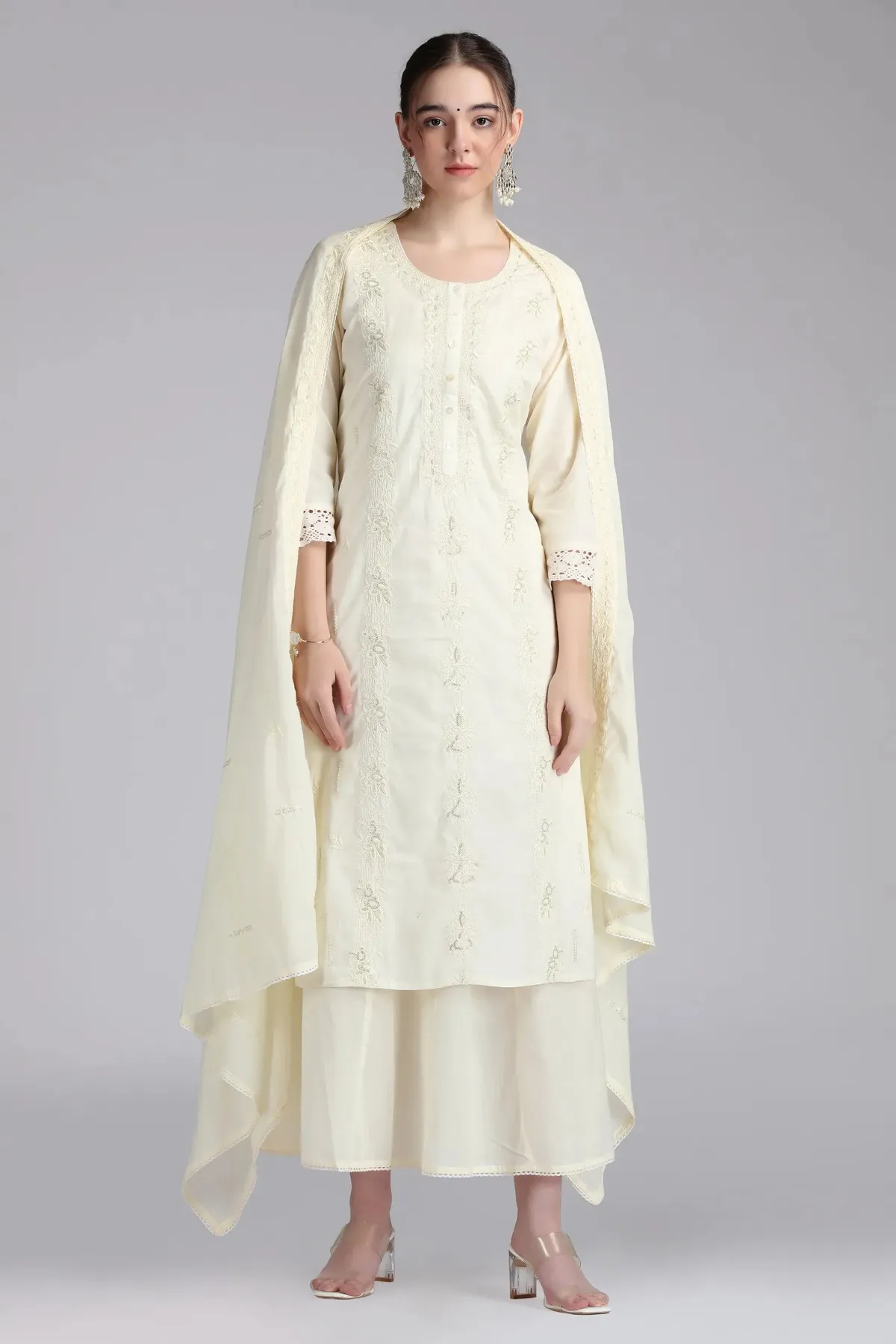 Cream Mulmul Embroidered Straight Kurta - Barkha Boutique Kishangarh
