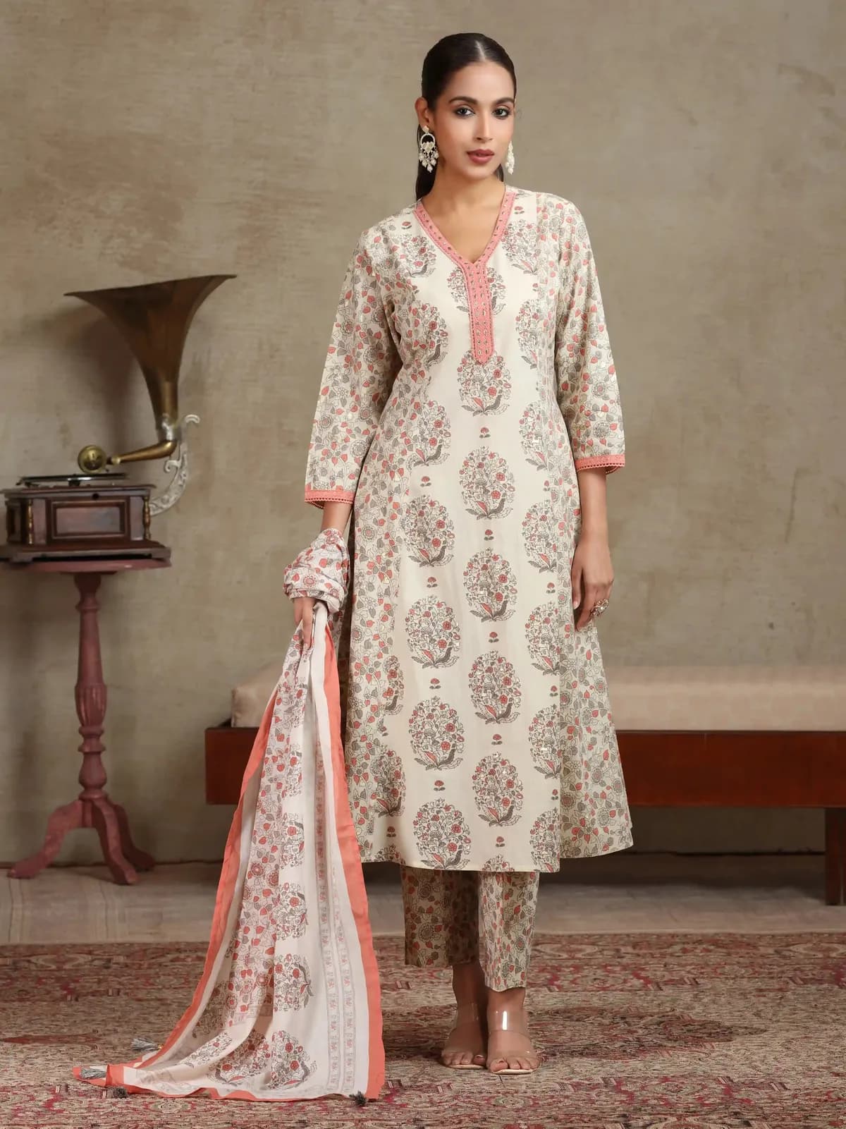 Cream & Peach Floral Printed A-Line Cotton Ethnic Set - Barkha Boutique Kishangarh