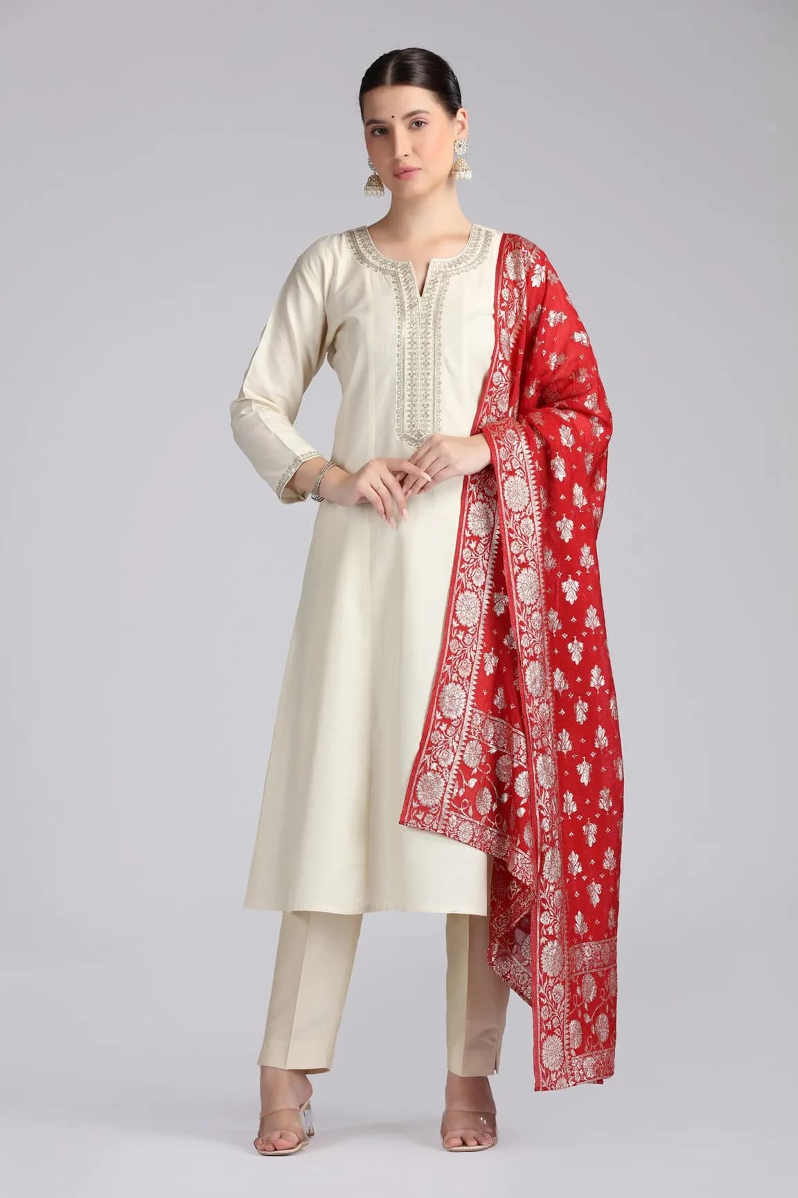 Cream PolySilk Embroidered A Line Kurta Pant and Dupatta Suit Set - Barkha Boutique Kishangarh