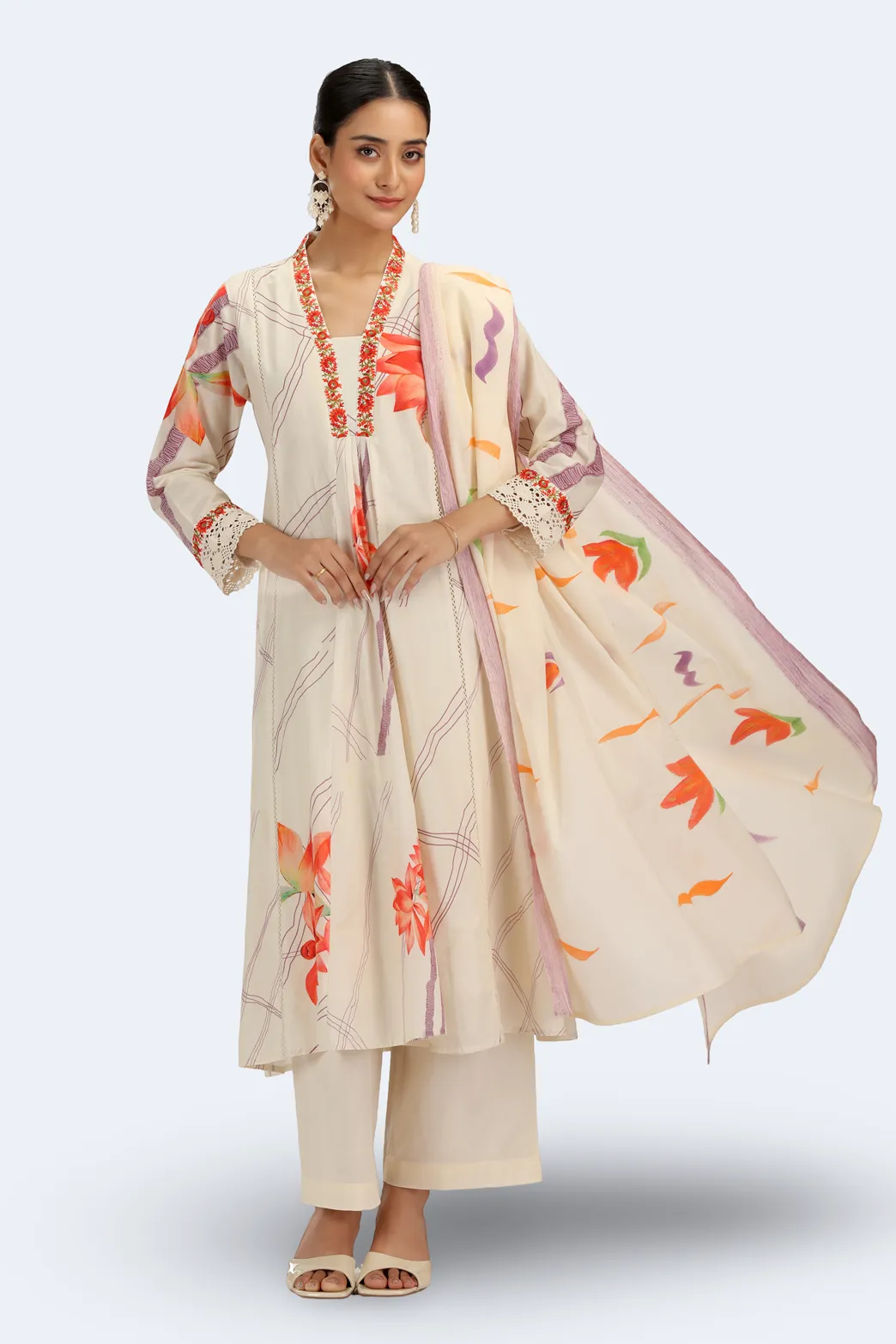 Cream PolySilk Floral A Line Kurta Pant and Dupatta Suit Set - Barkha Boutique Kishangarh