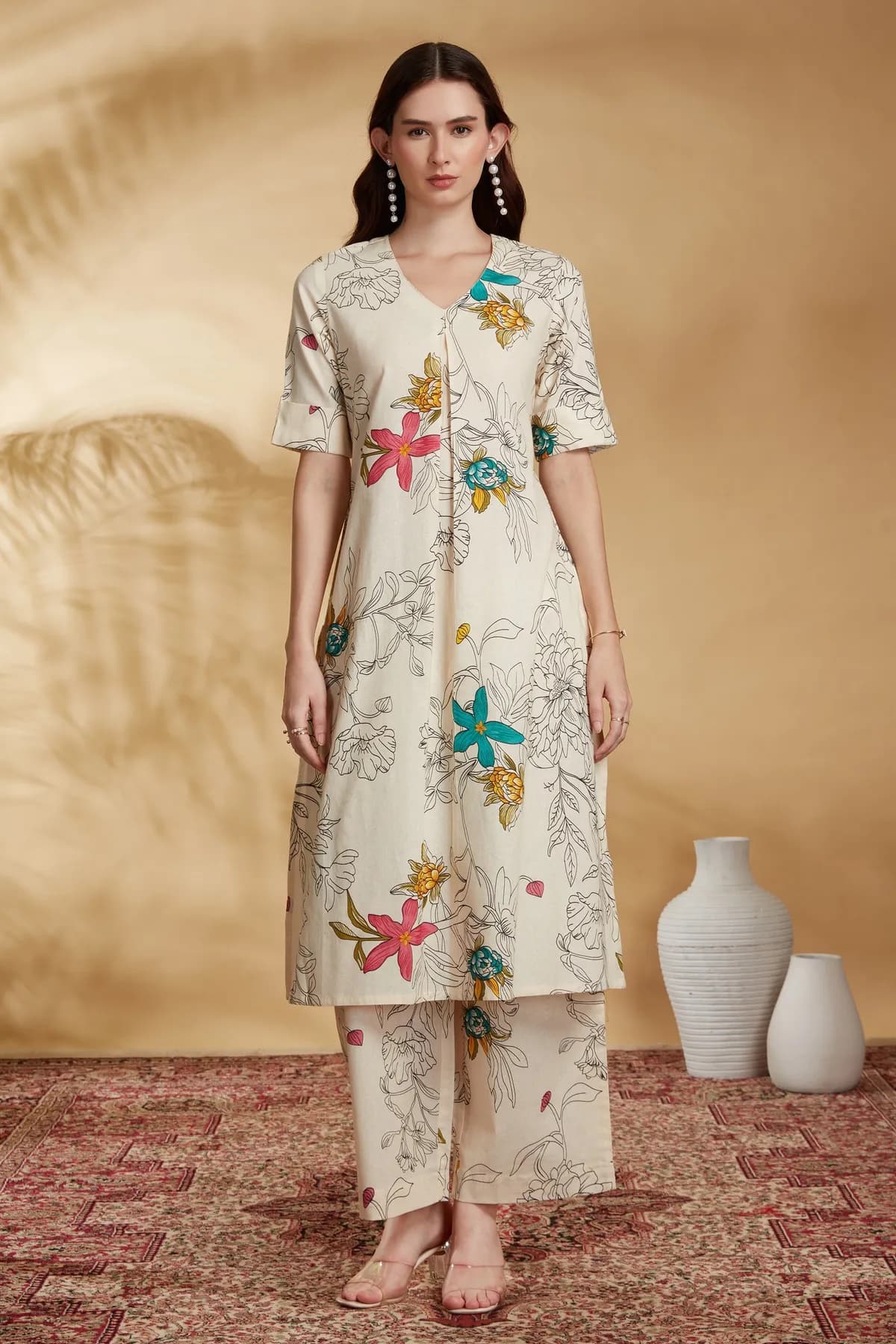 Cream Printed Cotton Straight Co-ord Set - Barkha Boutique Kishangarh