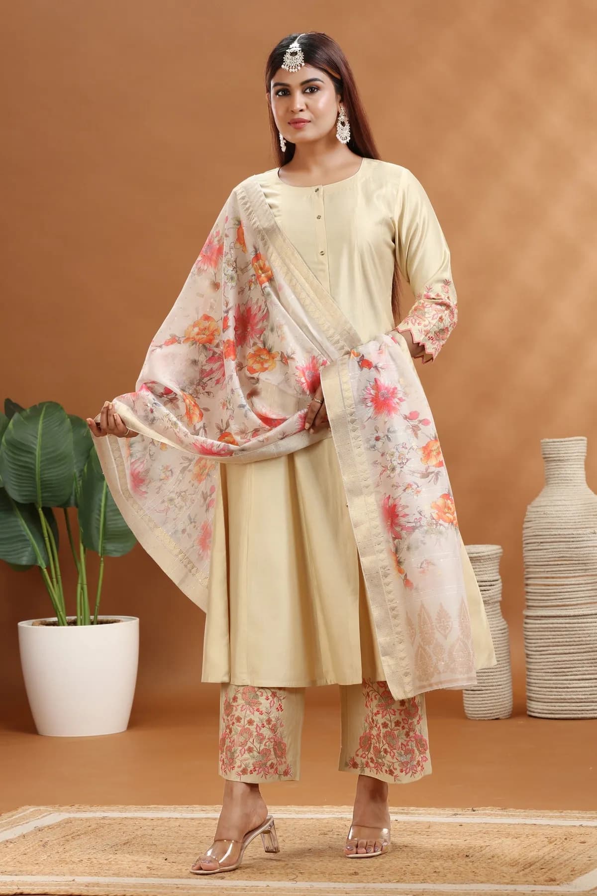 Cream Soft Silk A Line Embroidered Kurta Pants and Dupatta Set - Barkha Boutique Kishangarh