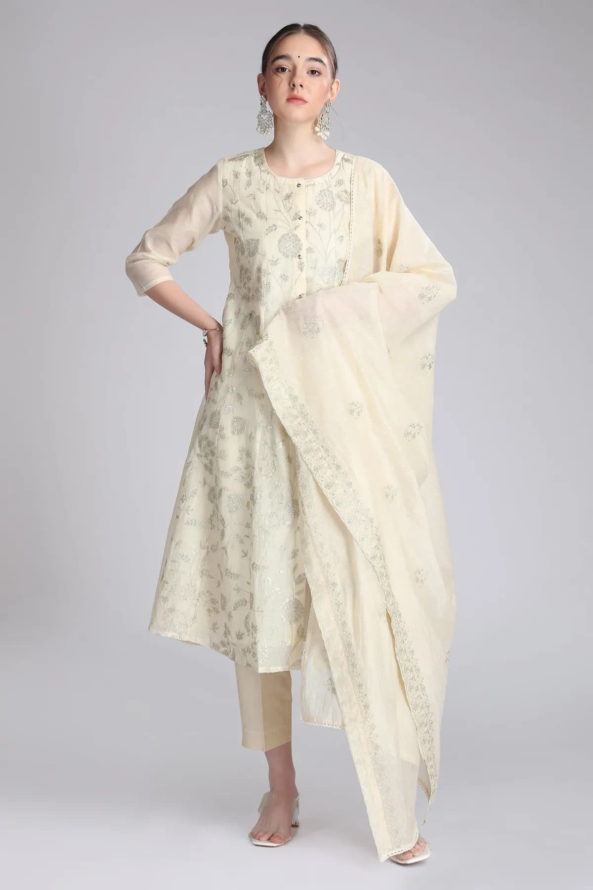 Cream Supernet Embroidered A Line Kurta Pant and Dupatta Suit Set - Barkha Boutique Kishangarh