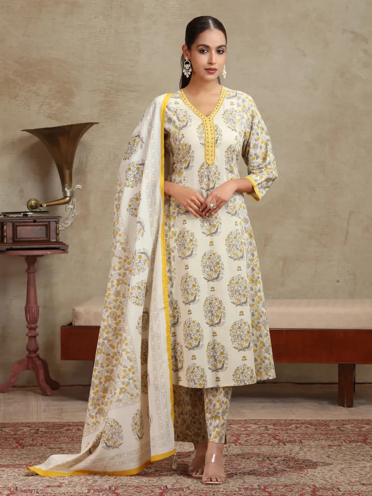 Cream & Yellow Floral Printed A-Line Cotton Ethnic Set - Barkha Boutique Kishangarh