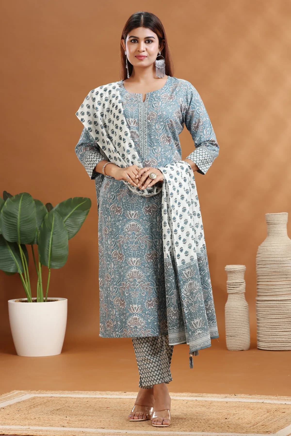Dark Gray Jaipuri Cotton A Line Printed Kurta Pants and Dupatta Set - Barkha Boutique Kishangarh