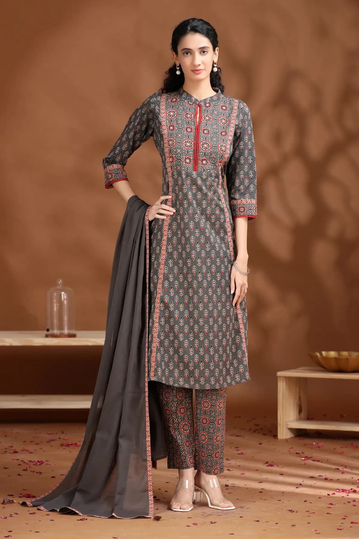Dark Grey Printed A-Line Cotton Ethnic Set - Barkha Boutique Kishangarh