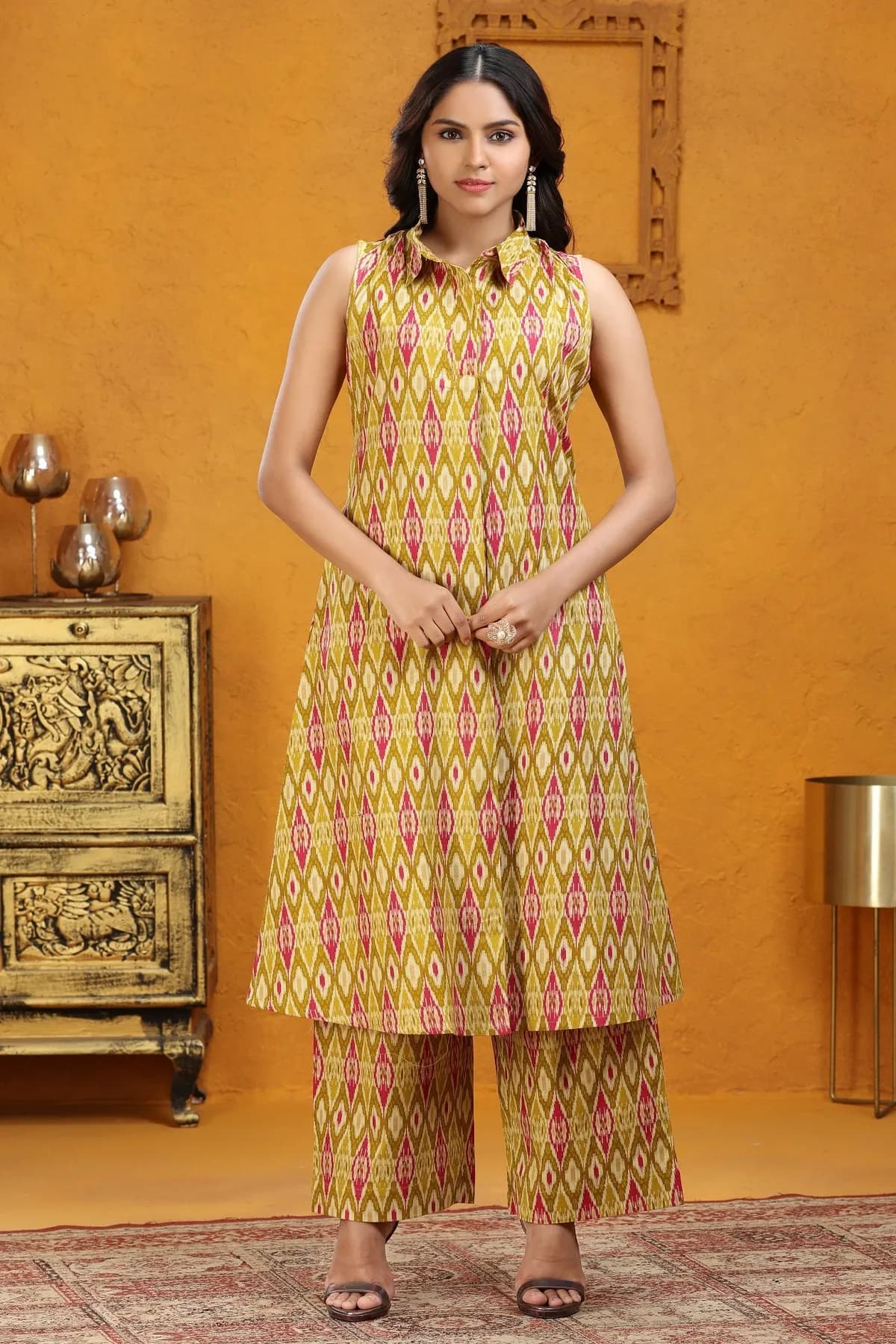 Dark Mustard Flax Cotton A Line Printed Kurta Pant Co ord Set