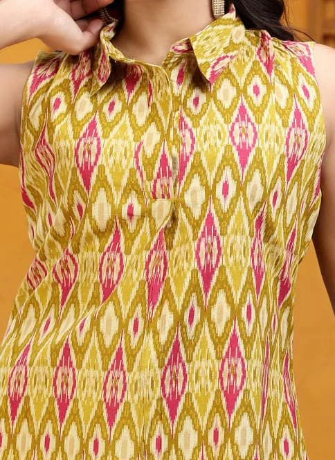 Dark Mustard Flax Cotton A Line Printed Kurta Pant Co ord Set