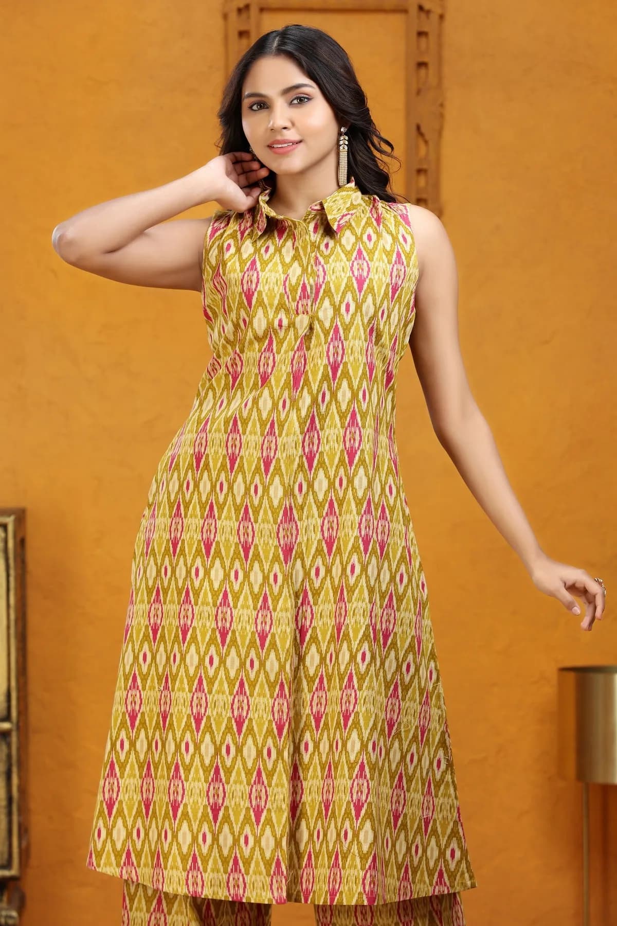 Dark Mustard Flax Cotton A Line Printed Kurta Pant Co ord Set