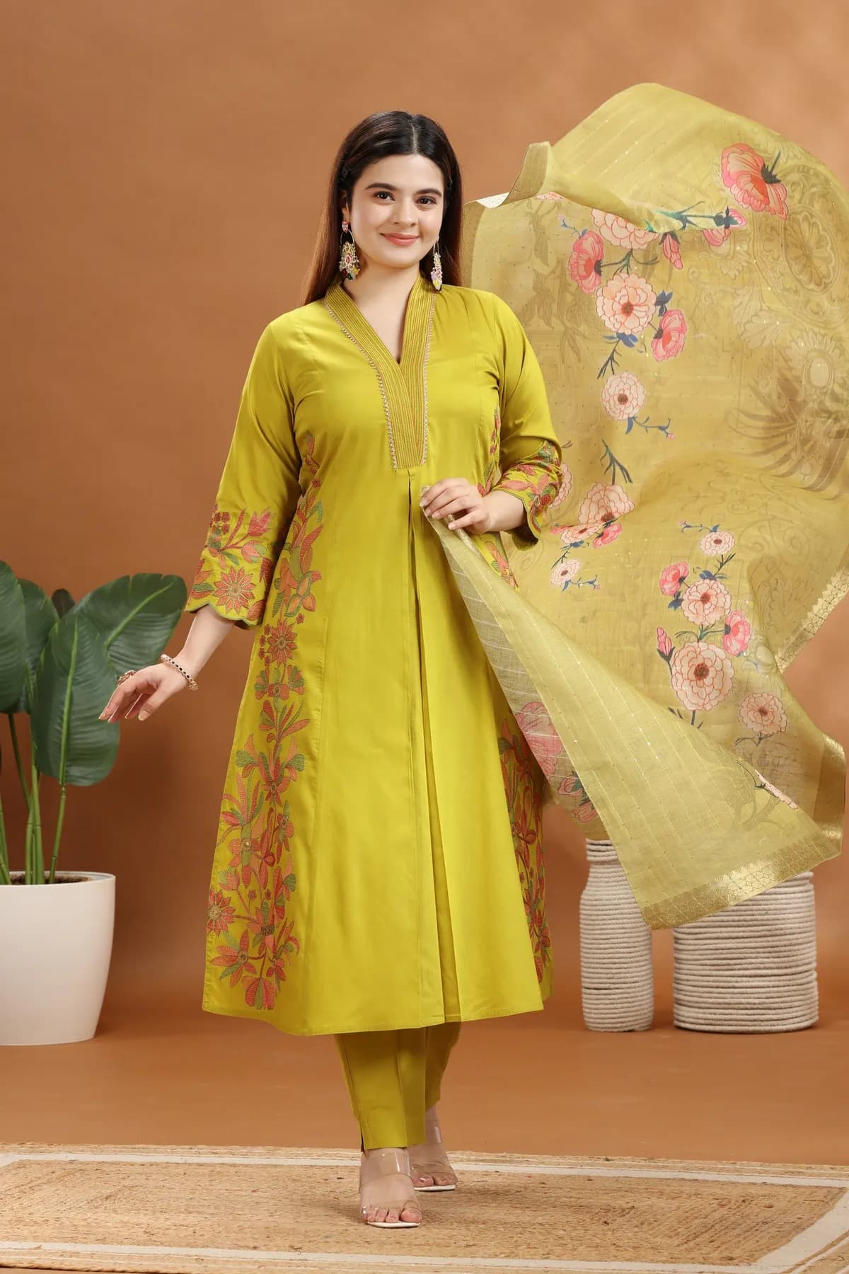 Dark Mustard Printed A Line Ethnic Set - Barkha Boutique Kishangarh