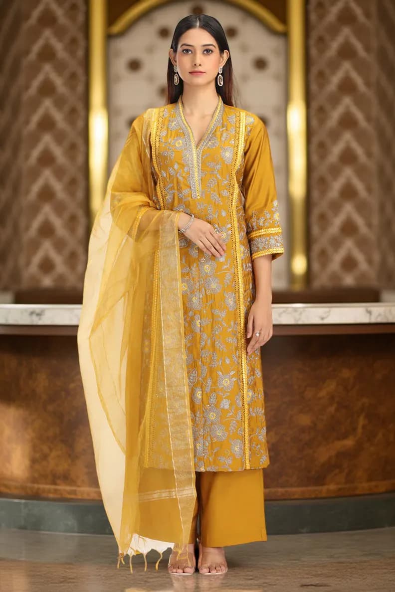 Dark Mustard Roman Silk Embroidered A Line Kurta Pant Dupatta Set - Barkha Boutique Kishangarh