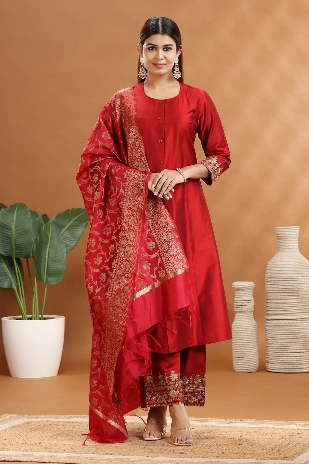 Dark Red PolySilk A Line Embroidered Kurta Pant Suit Set - Barkha Boutique Kishangarh