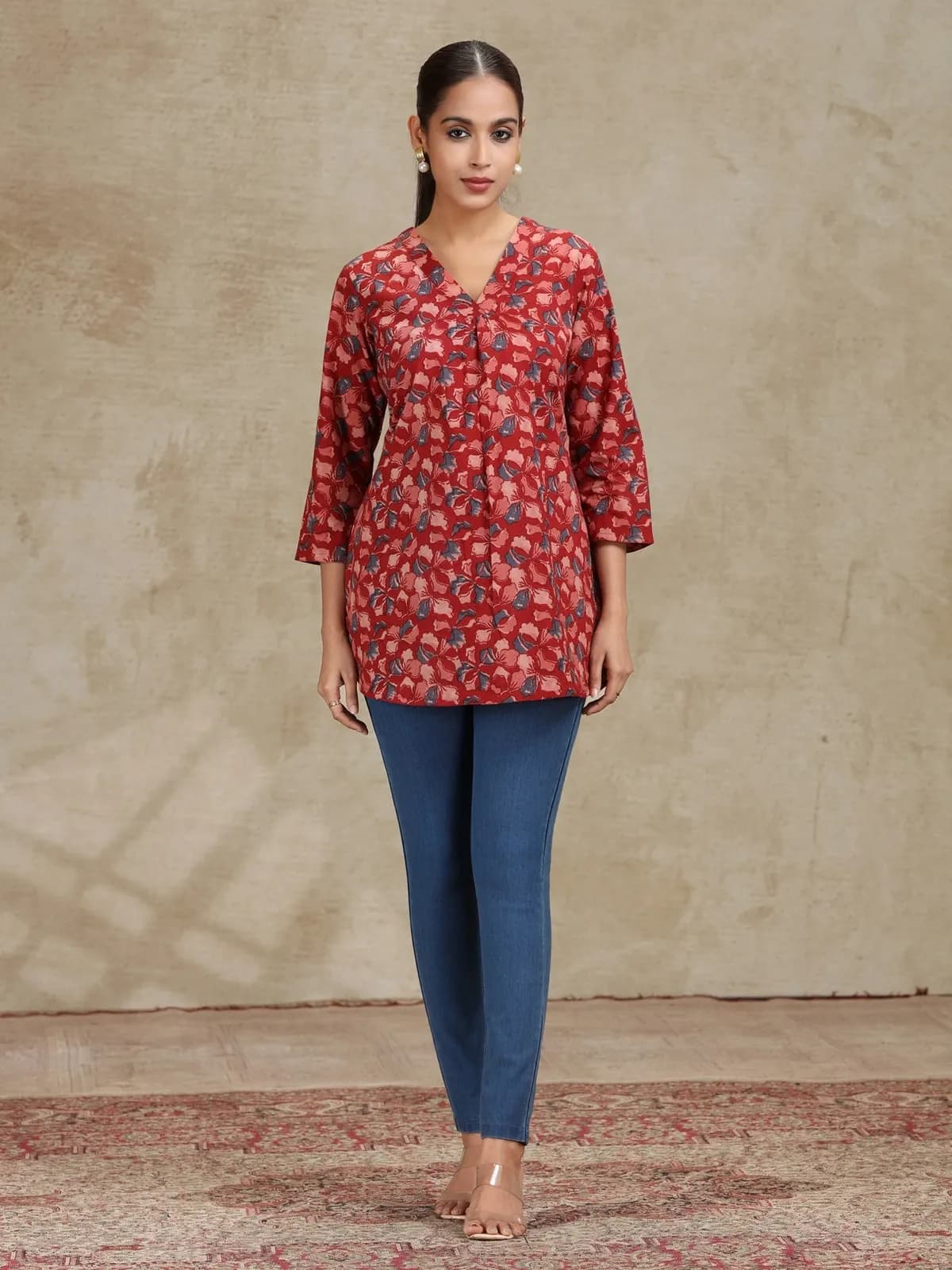Dark Red Printed A-Line Cotton Tunic - Barkha Boutique Kishangarh