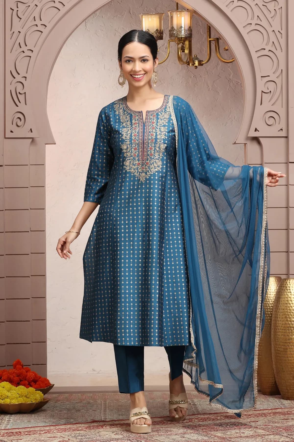 Dark Teal PolySilk A Line Embroidered Kurta Pant Suit Set - Barkha Boutique Kishangarh