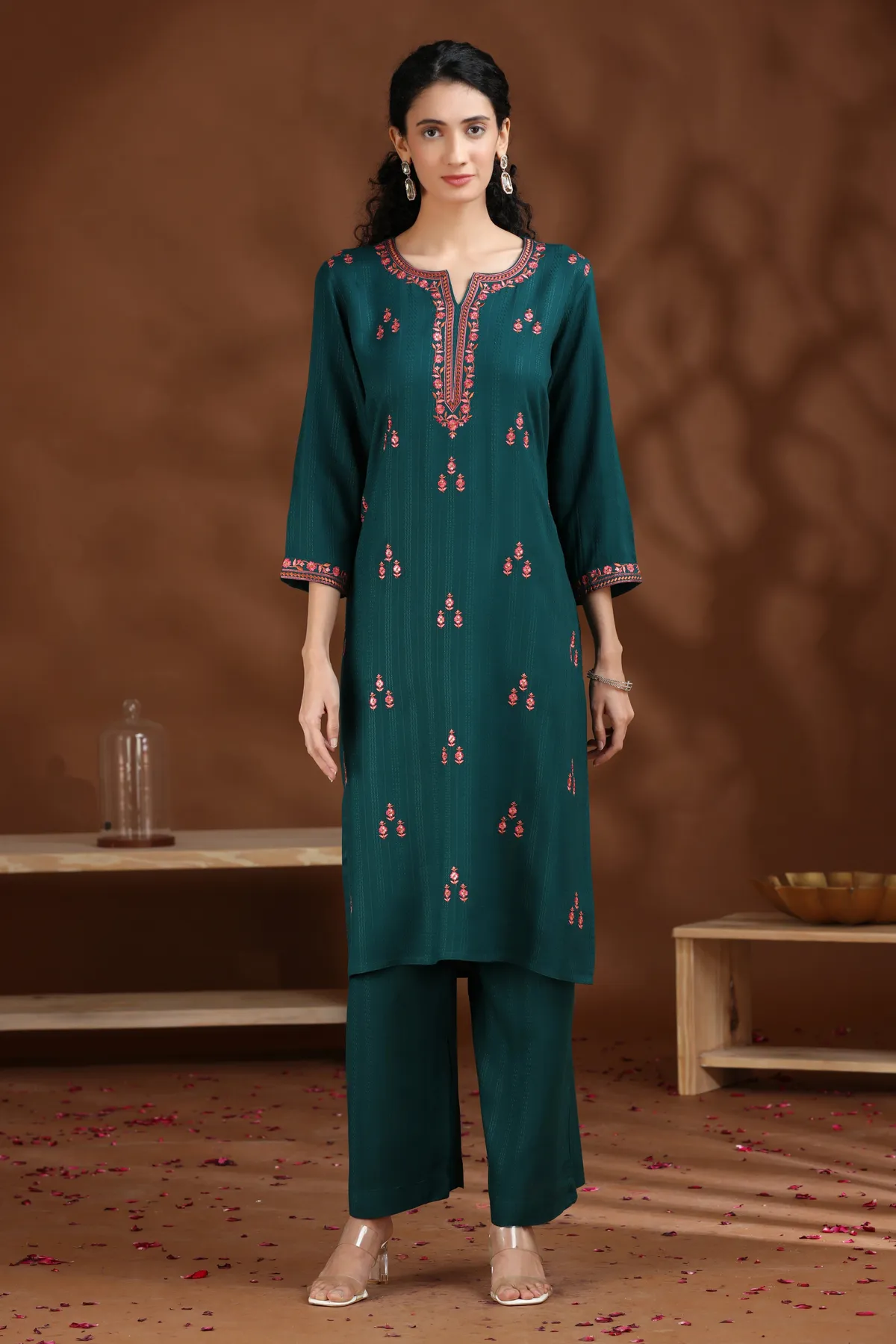 Dark Teal Embroidered Straight Cotton Co-ord Set - Barkha Boutique Kishangarh